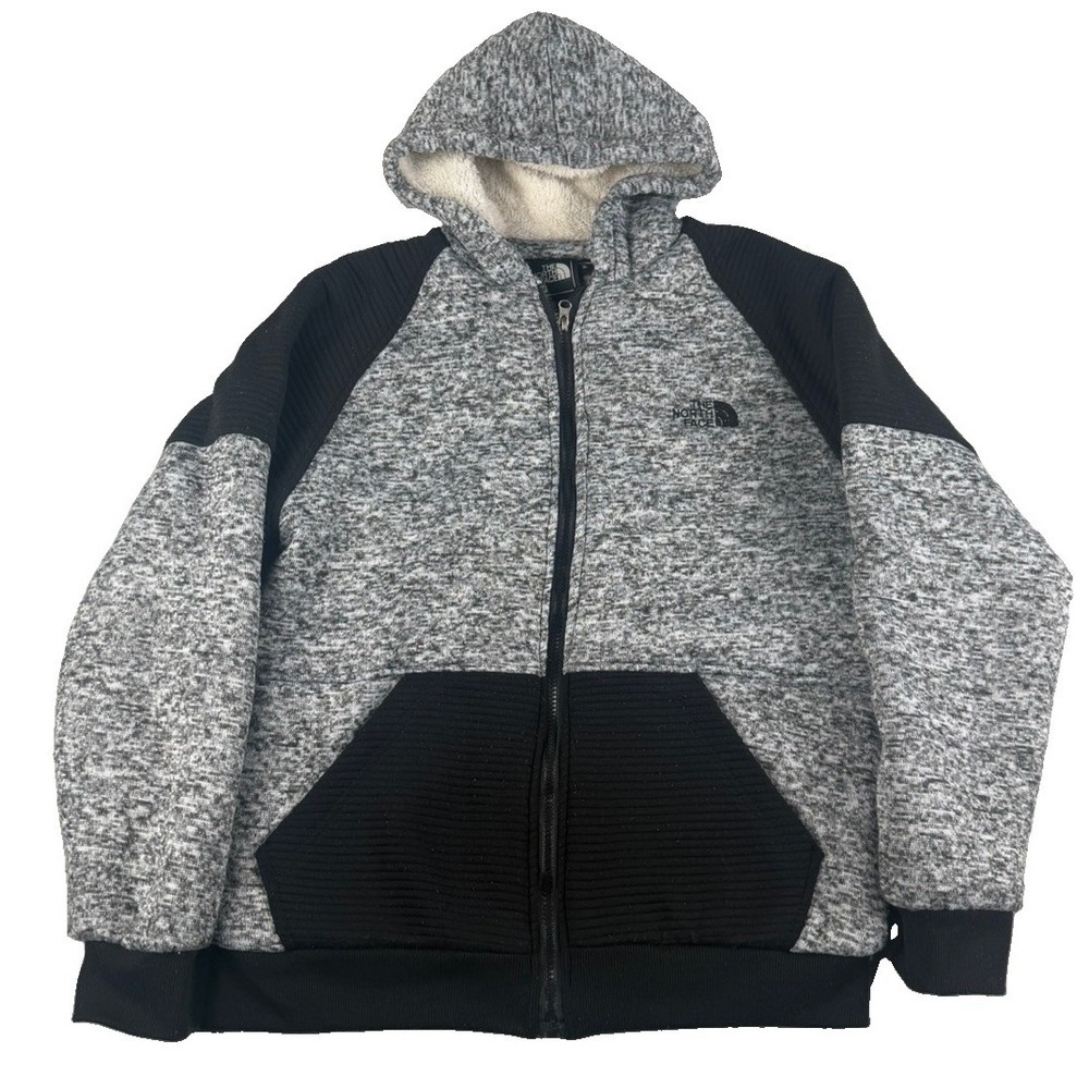 The North Face Jacket Mens M Gray Black Sherpa Lined Hooded Full Zip Fleece